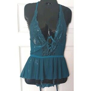 Escante Collection Babydoll Thong Garter Set Size Medium Green Sheer Lace New